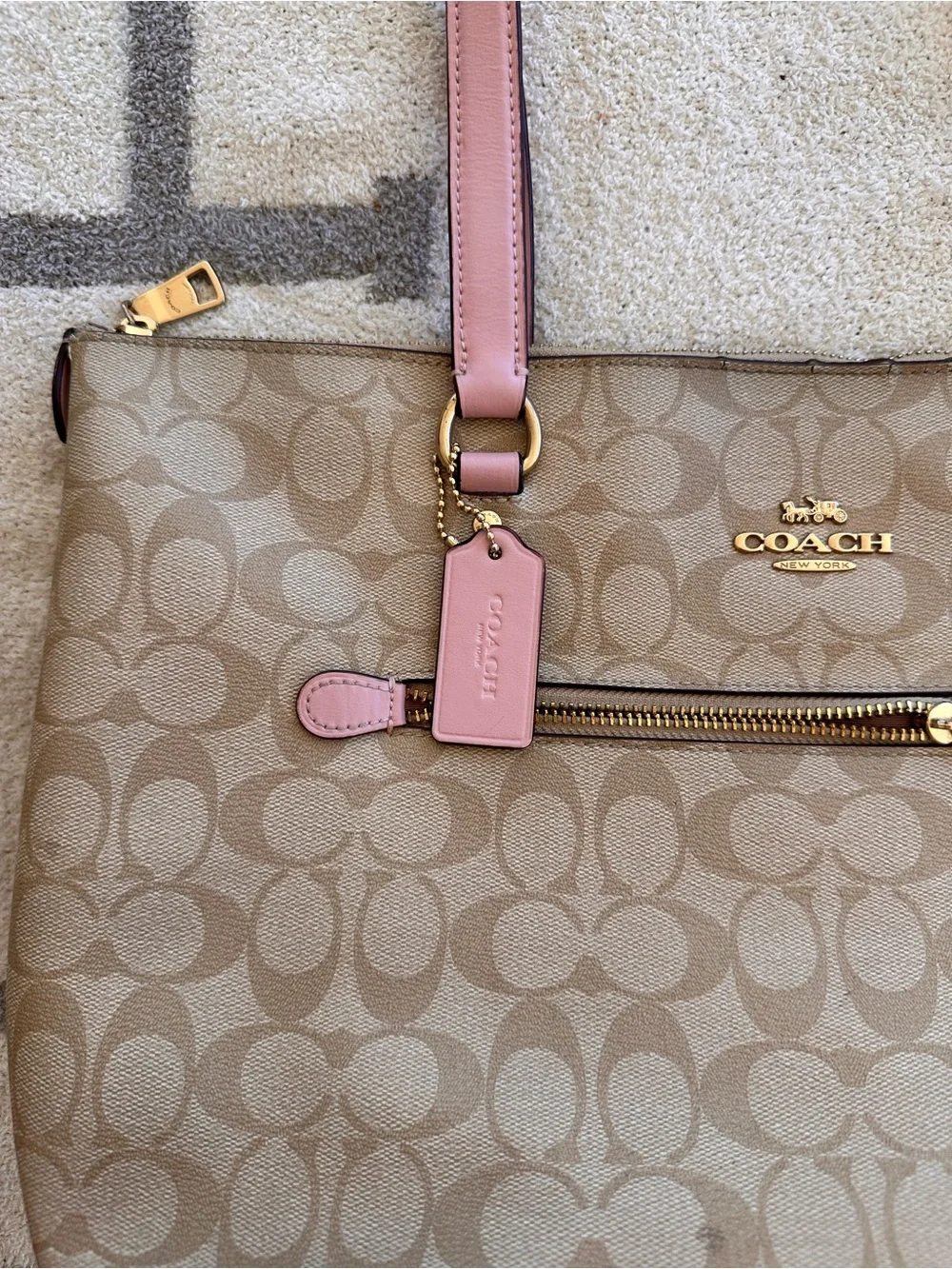 Coach Beige Signature Tote with Pink Leather Handles 2019 Coach gallery tote